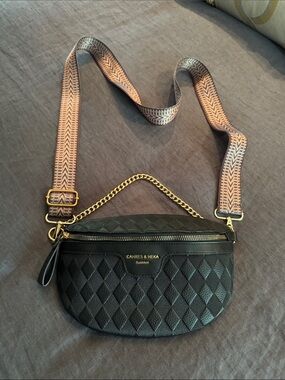 Cahres & Heka Black Quilted Vegan Leather Crossbody Bag with Gold Chain